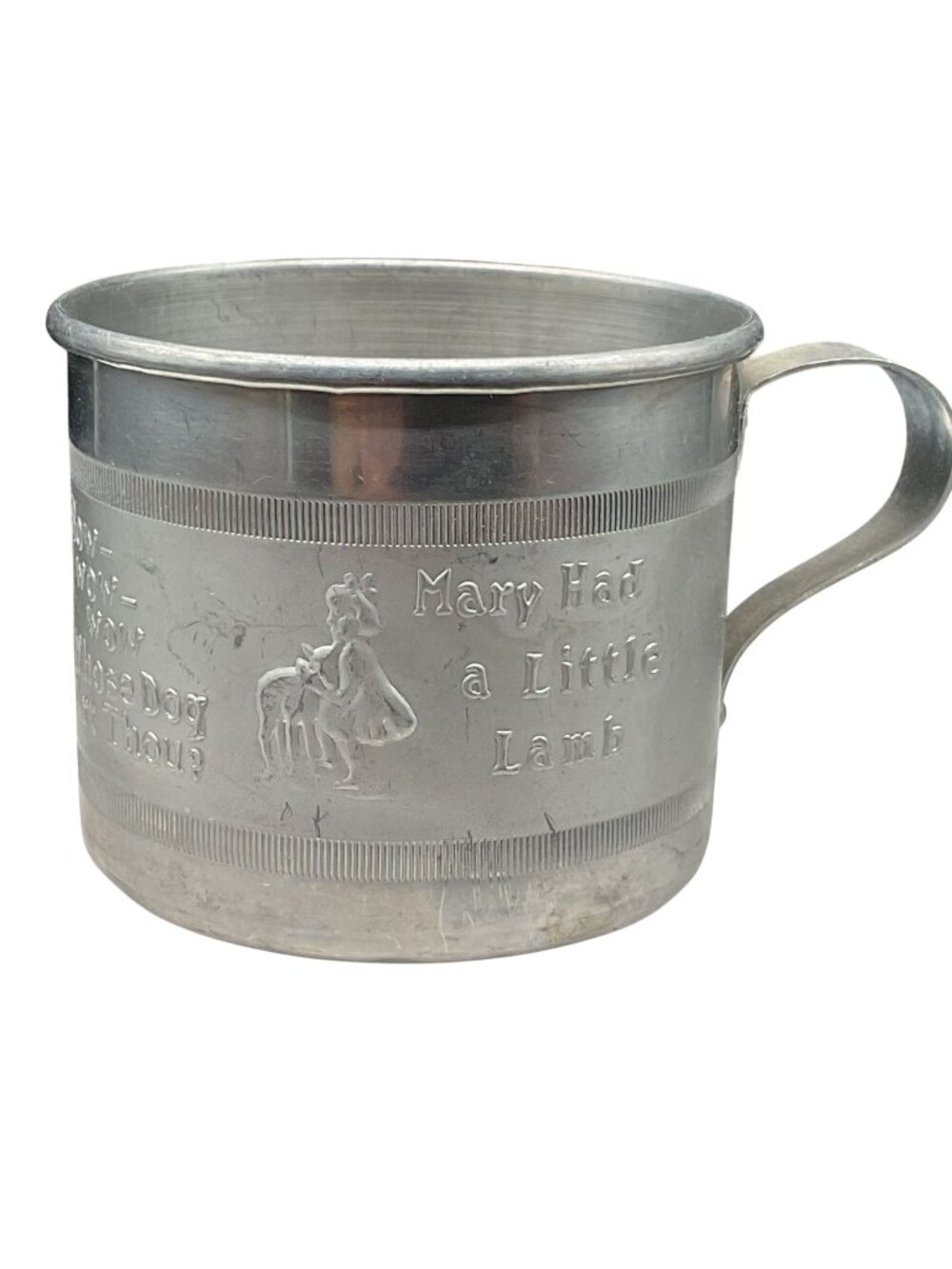Vtg Childs Aluminum Nursery Rhyme Cup With Handle - "Mary Had A Little Lamb" 2"H